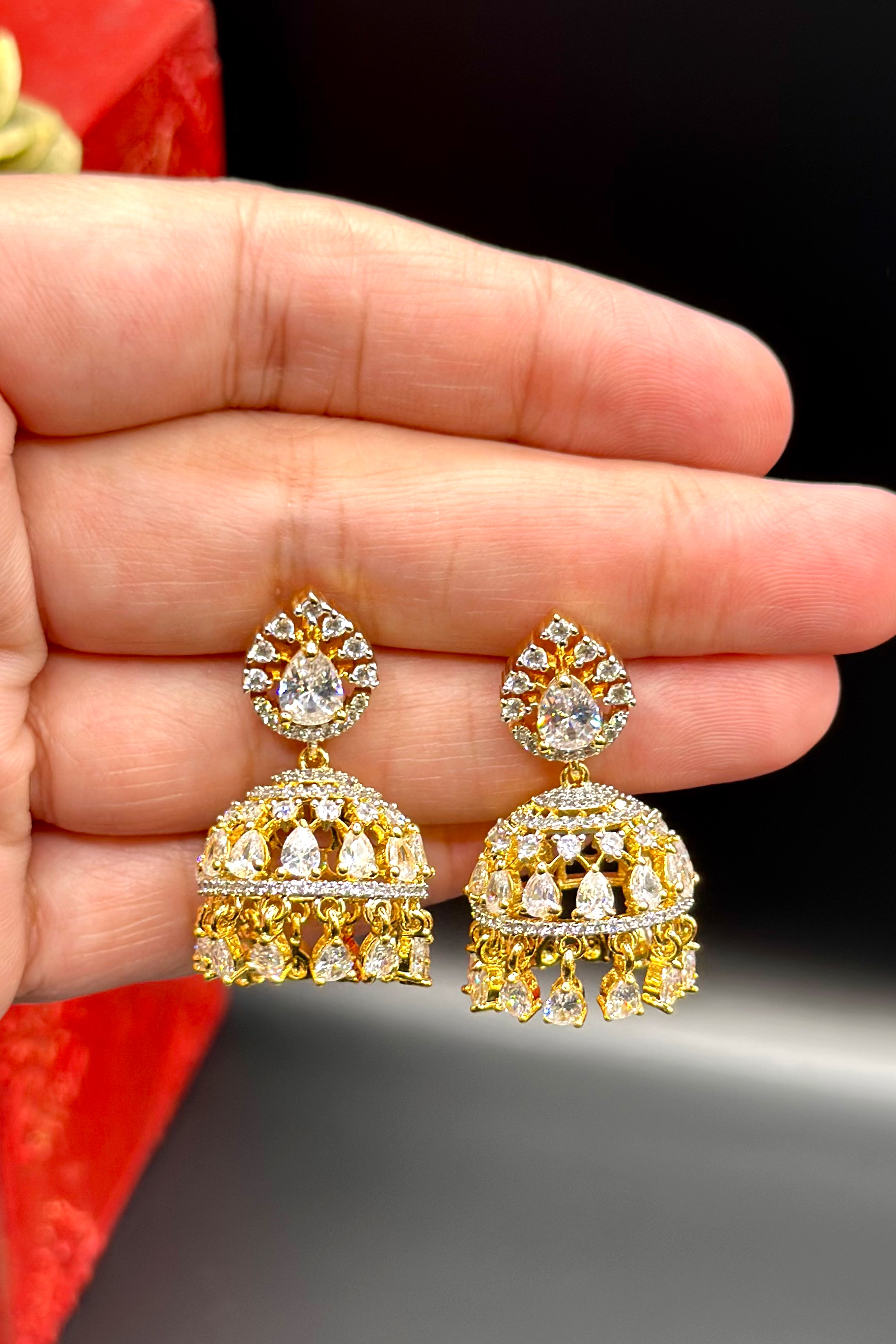 Gold-Tone Jhumki Earrings with CZ Stones