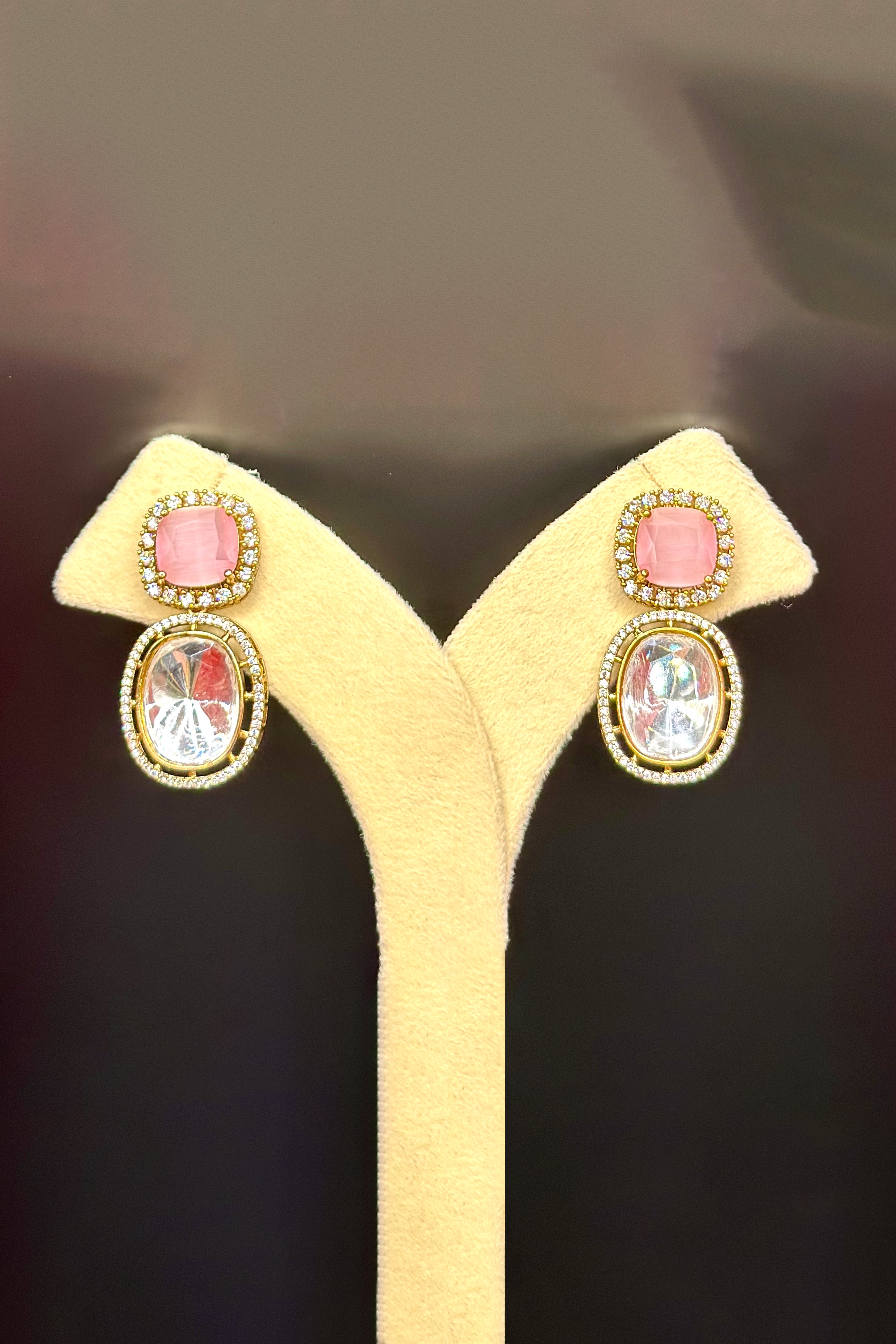 Dual Stone Cocktail Stud Earrings - Pink