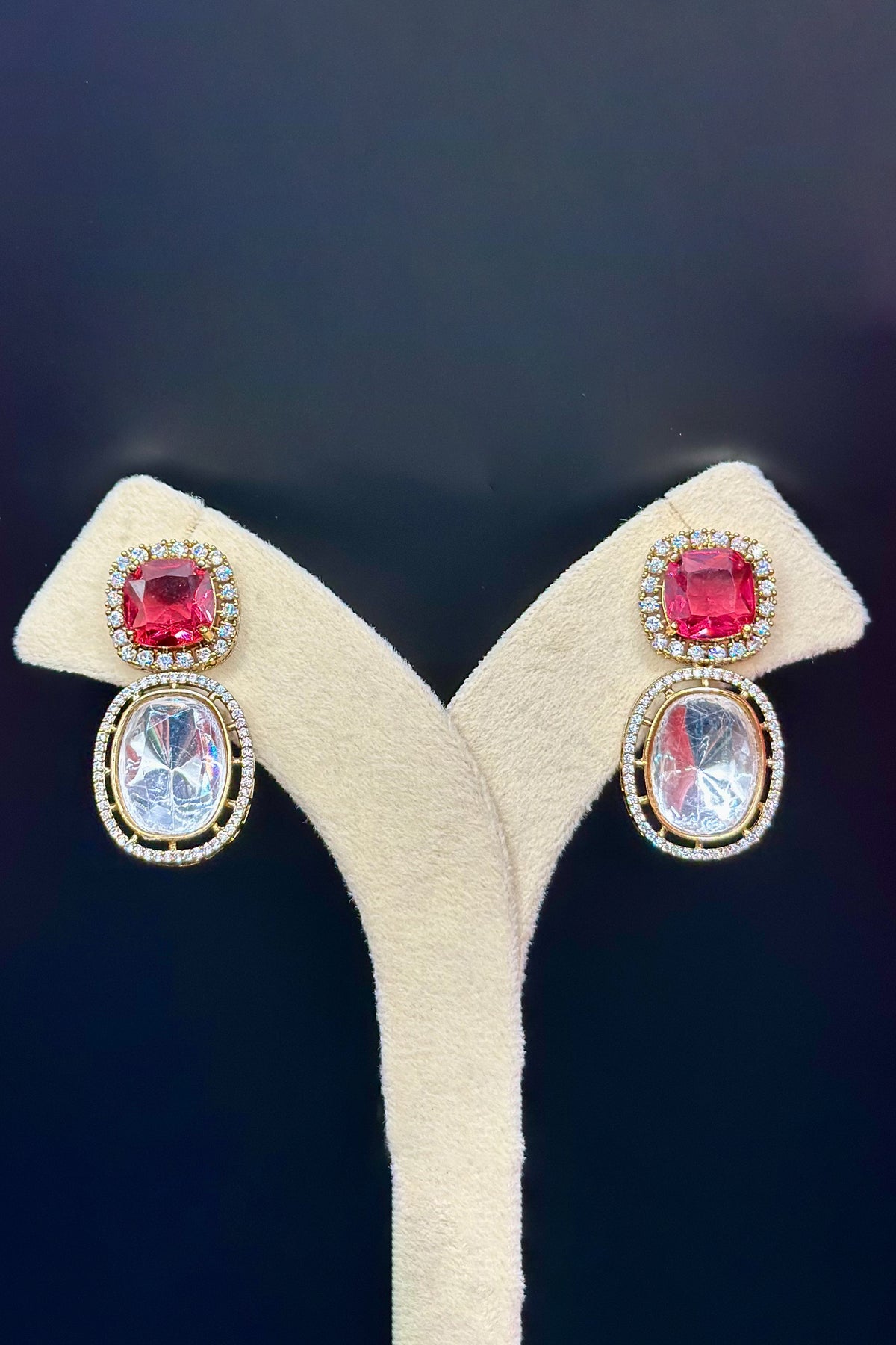 Dual Stone Cocktail Stud Earrings - Ruby Red