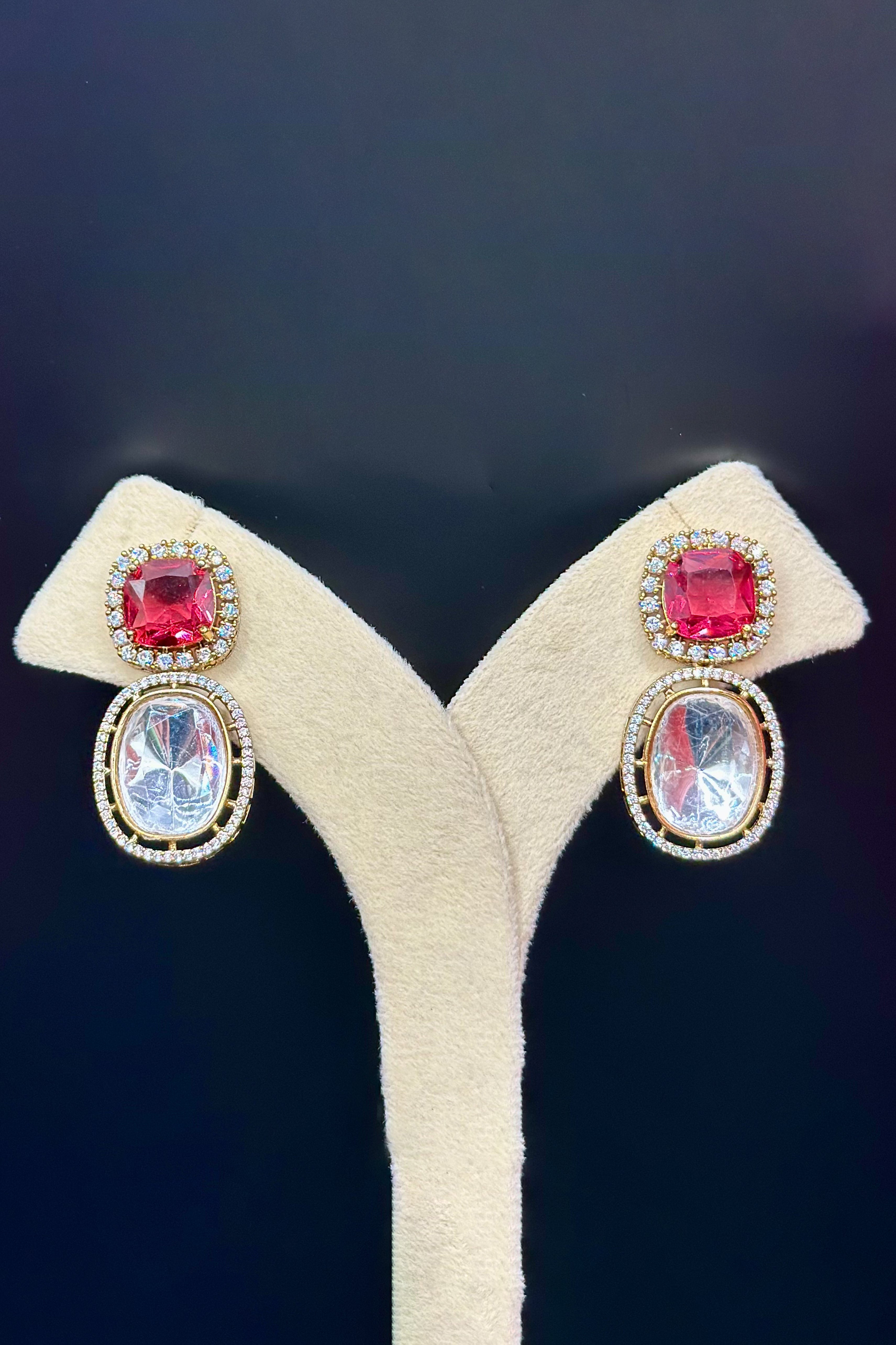 Dual Stone Cocktail Stud Earrings - Ruby Red