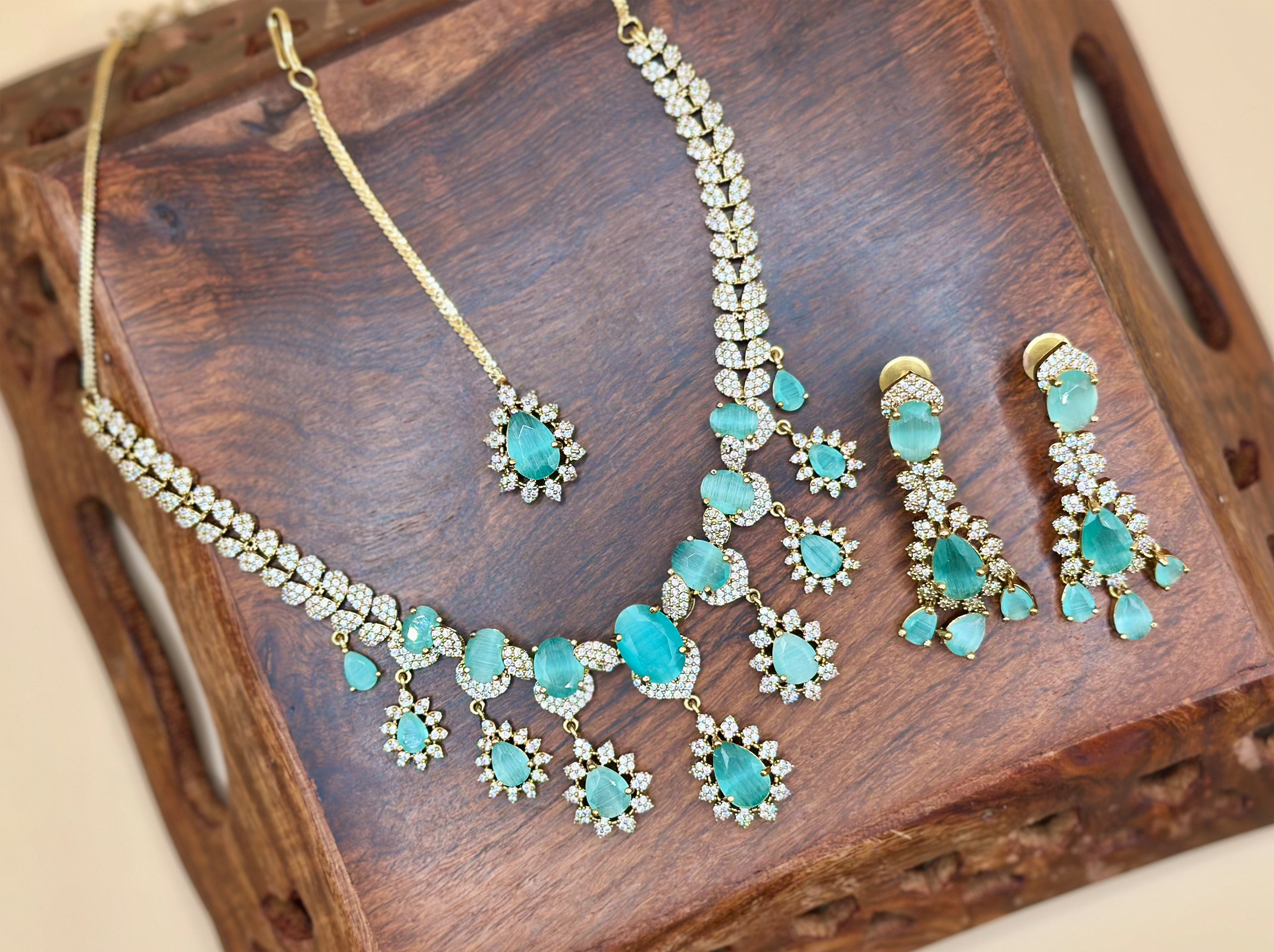 Green Stone Necklace Set with Earrings - Mint Green