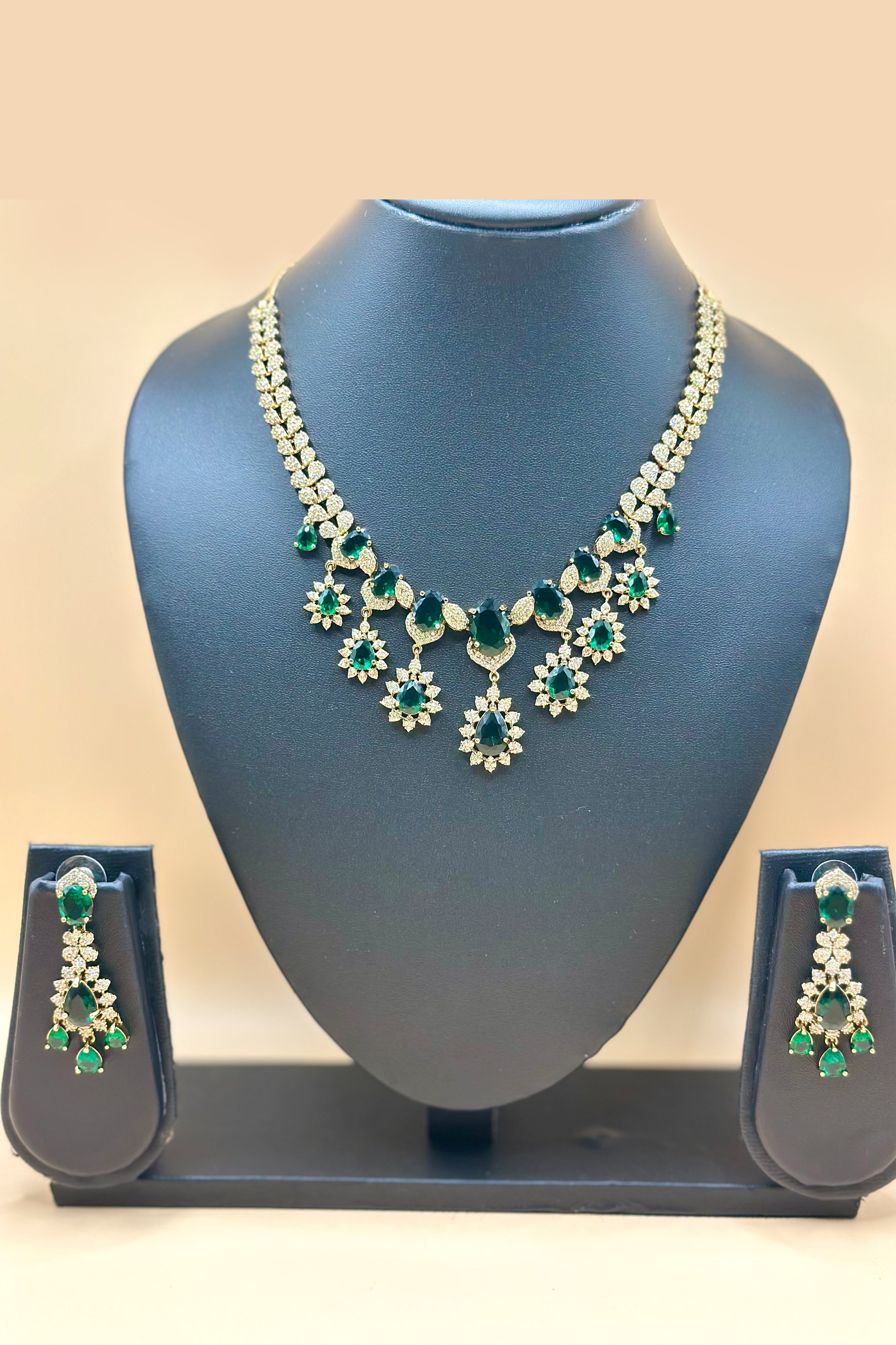 Green Stone Necklace Set with Earrings -  Emerald Green