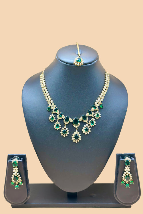 Green Stone Necklace Set with Earrings -  Emerald Green