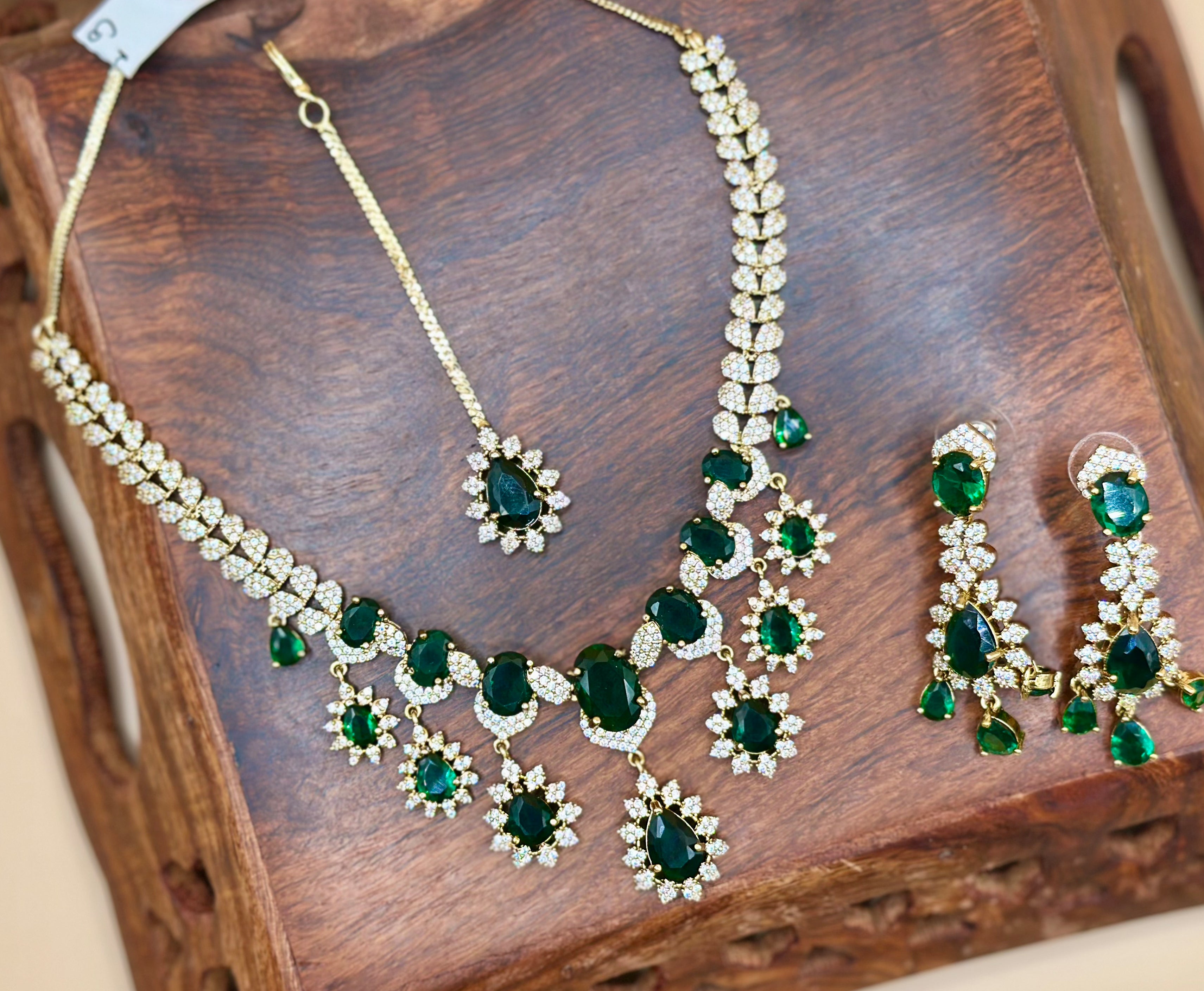 Green Stone Necklace Set with Earrings -  Emerald Green