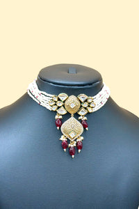 Kundan Pearl Necklace Set - Deep Maroon