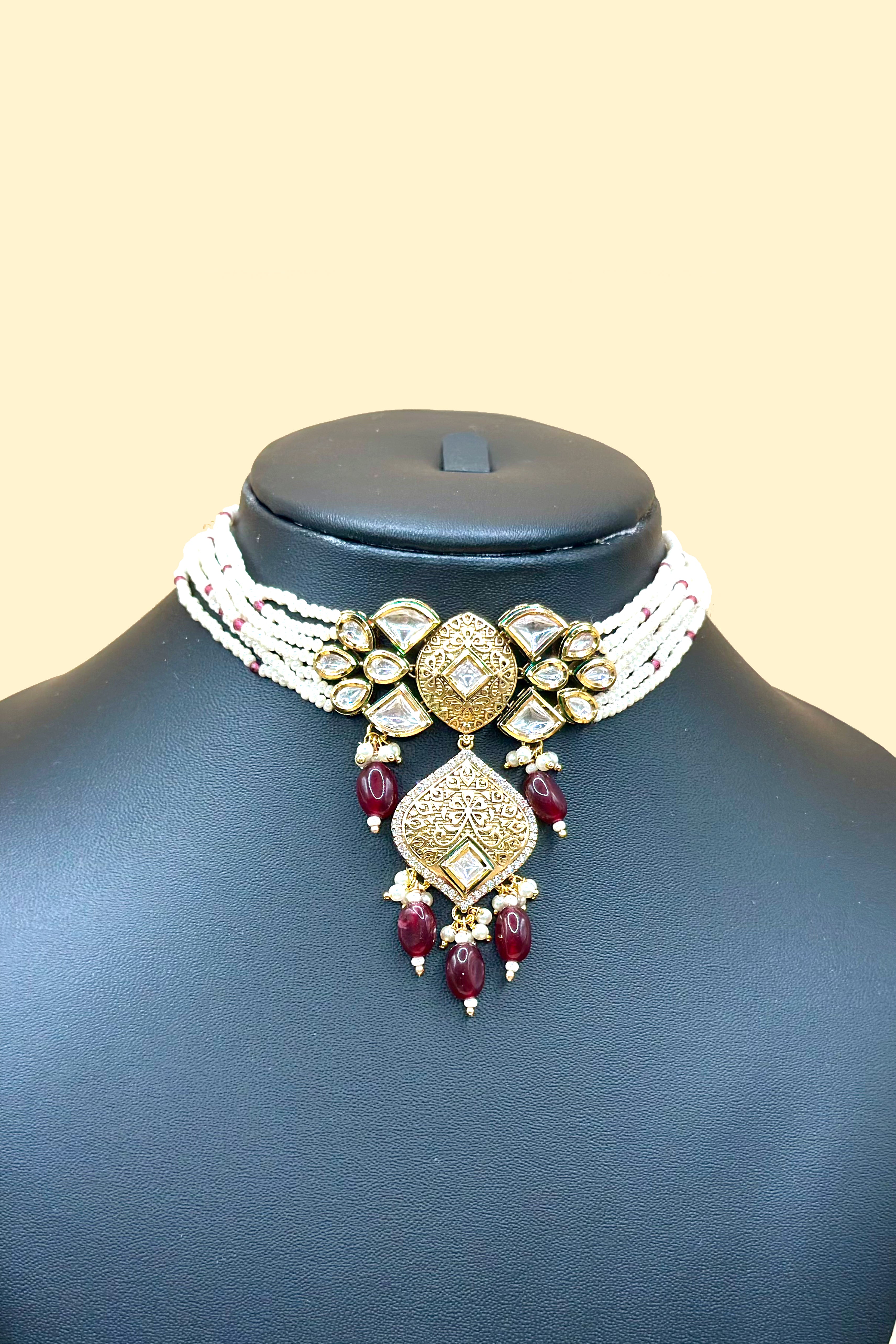 Kundan Pearl Necklace Set - Deep Maroon