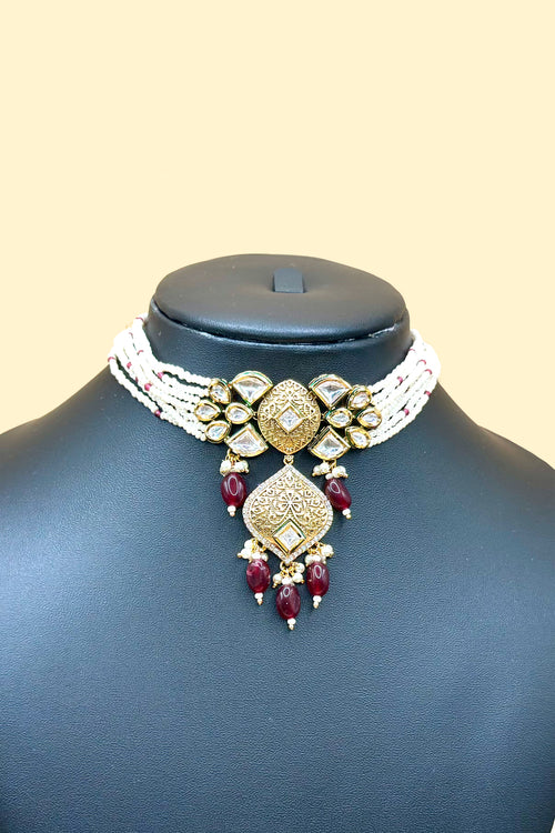 Kundan Pearl Necklace Set - Deep Maroon