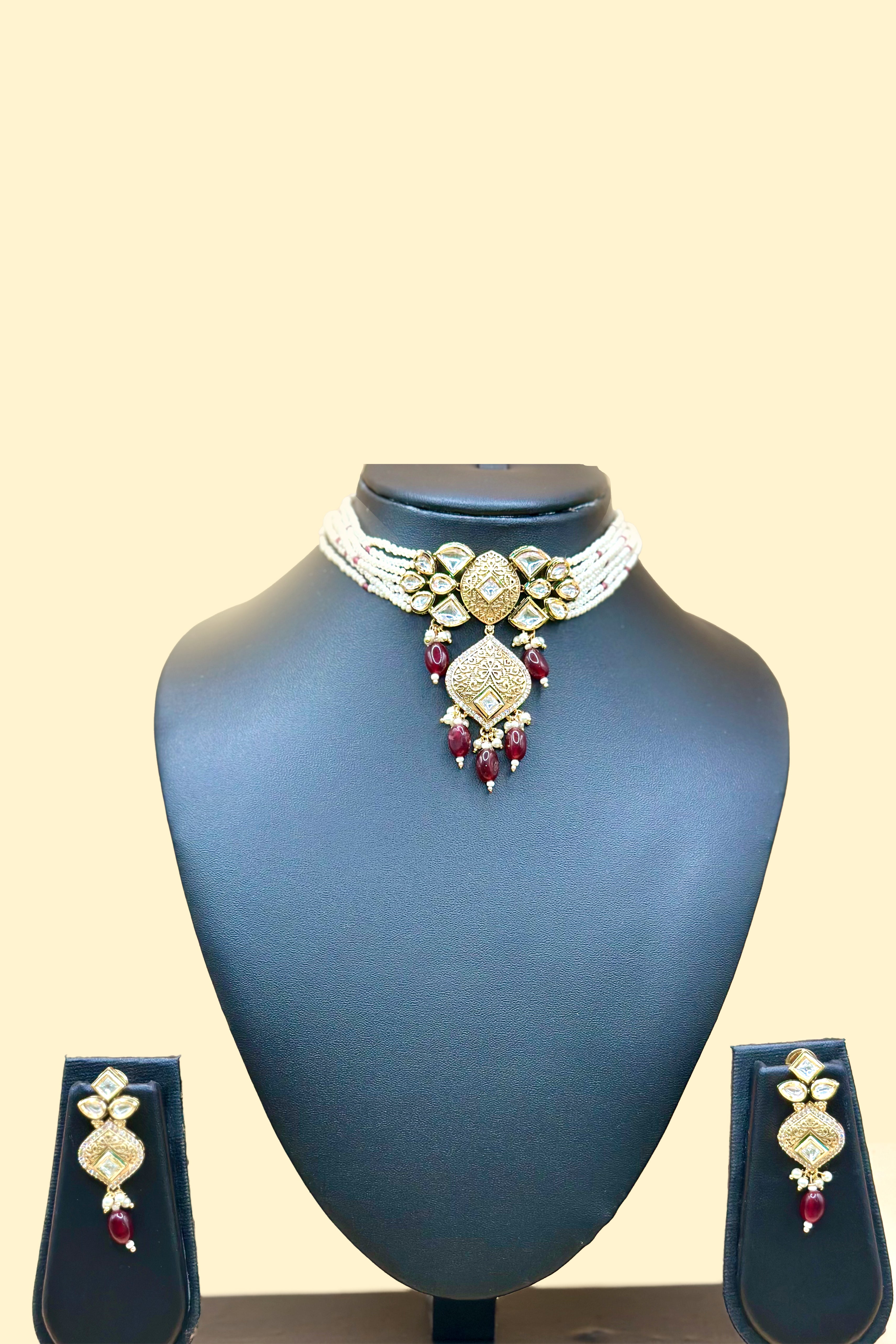 Kundan Pearl Necklace Set - Deep Maroon