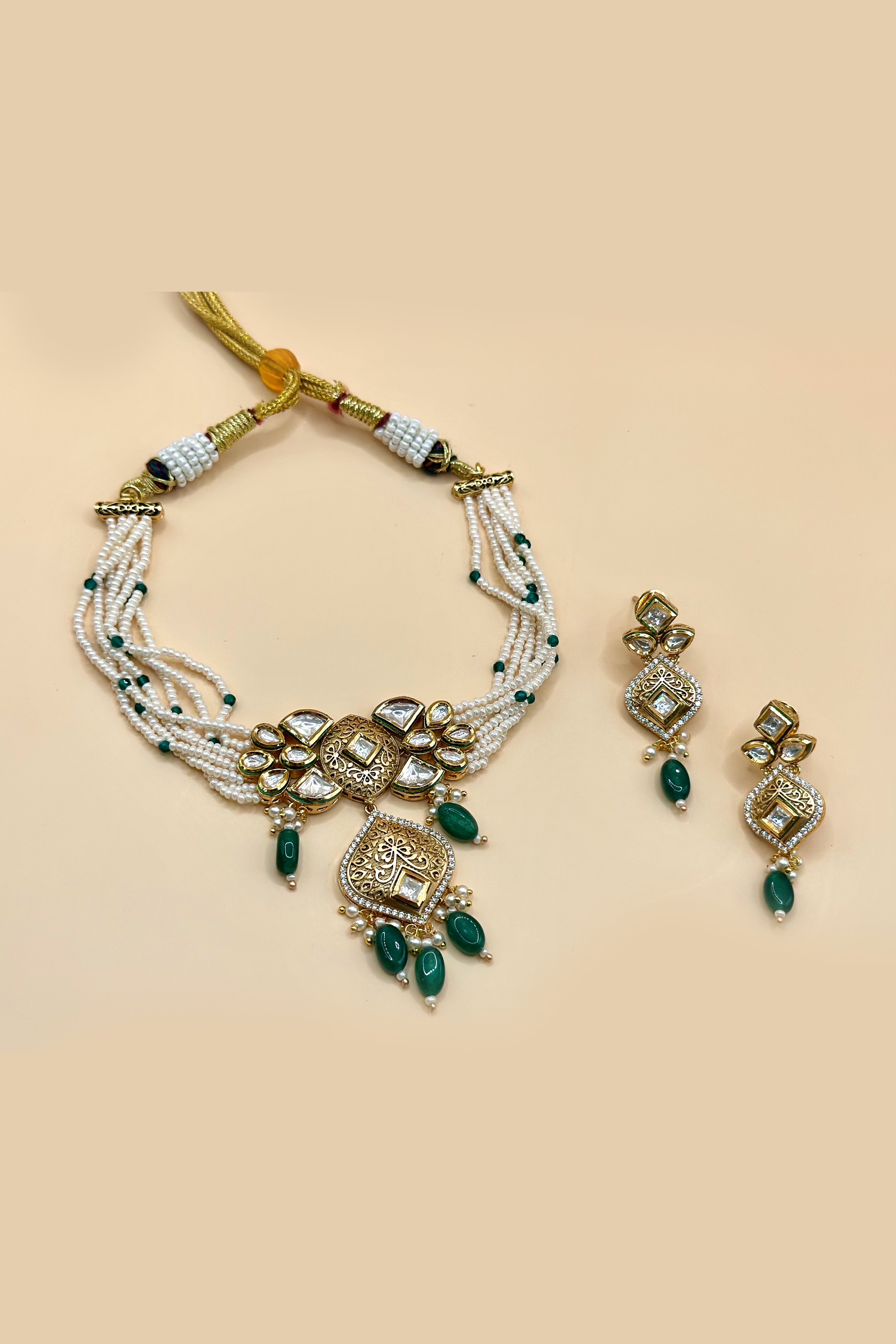 Kundan Pearl Necklace Set - Green