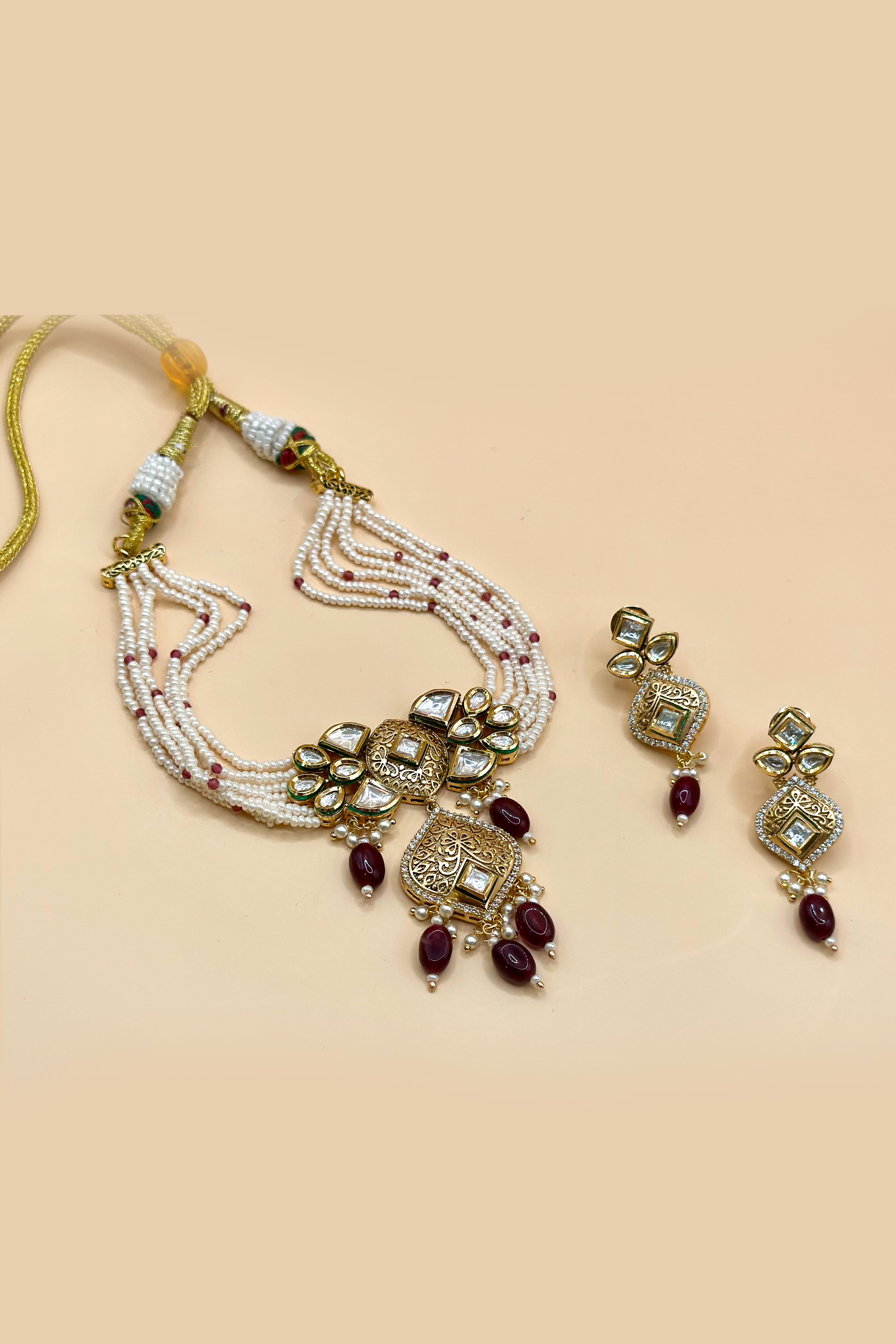Kundan Pearl Necklace Set - Deep Maroon