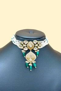 Kundan Pearl Necklace Set - Green