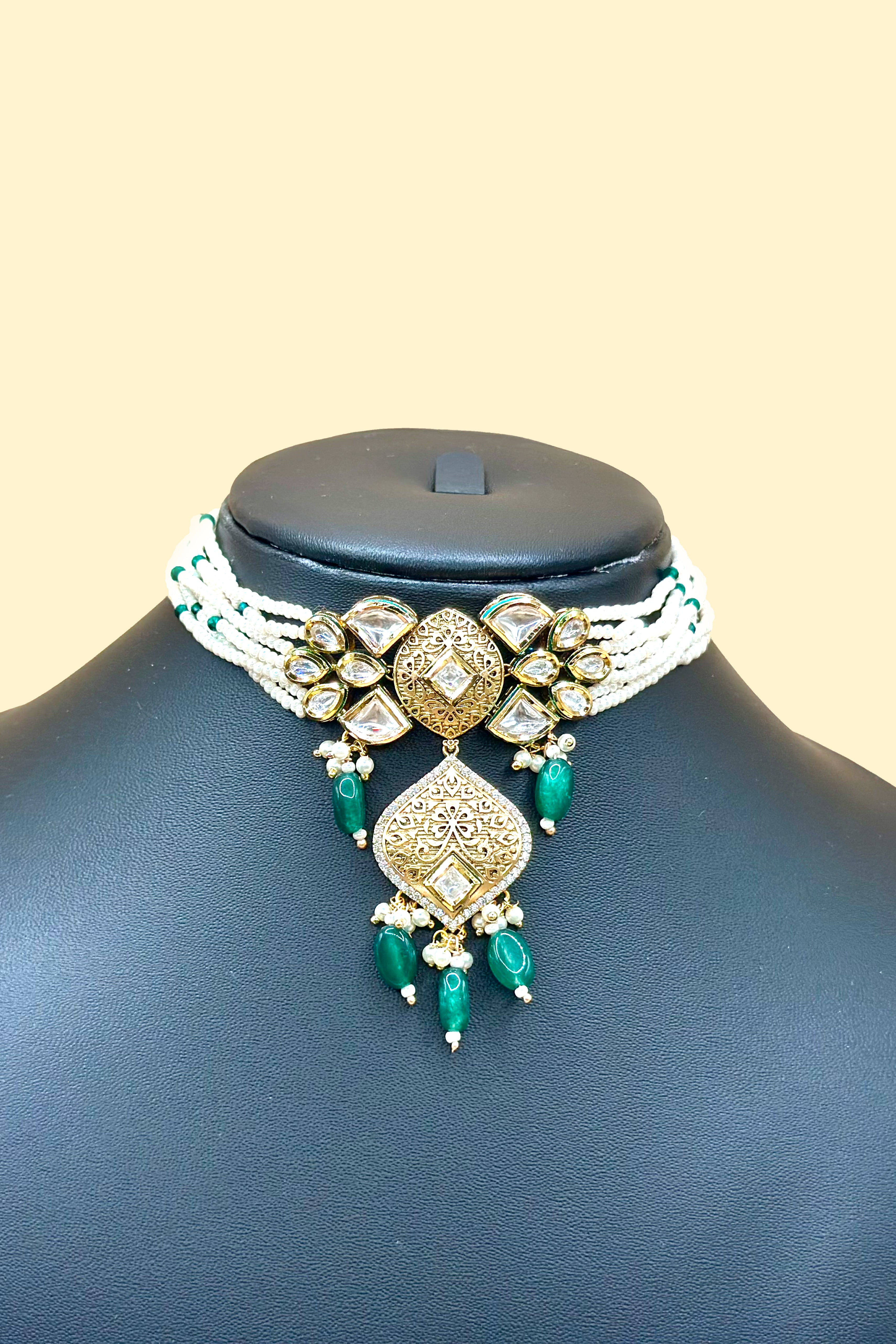 Kundan Pearl Necklace Set - Green