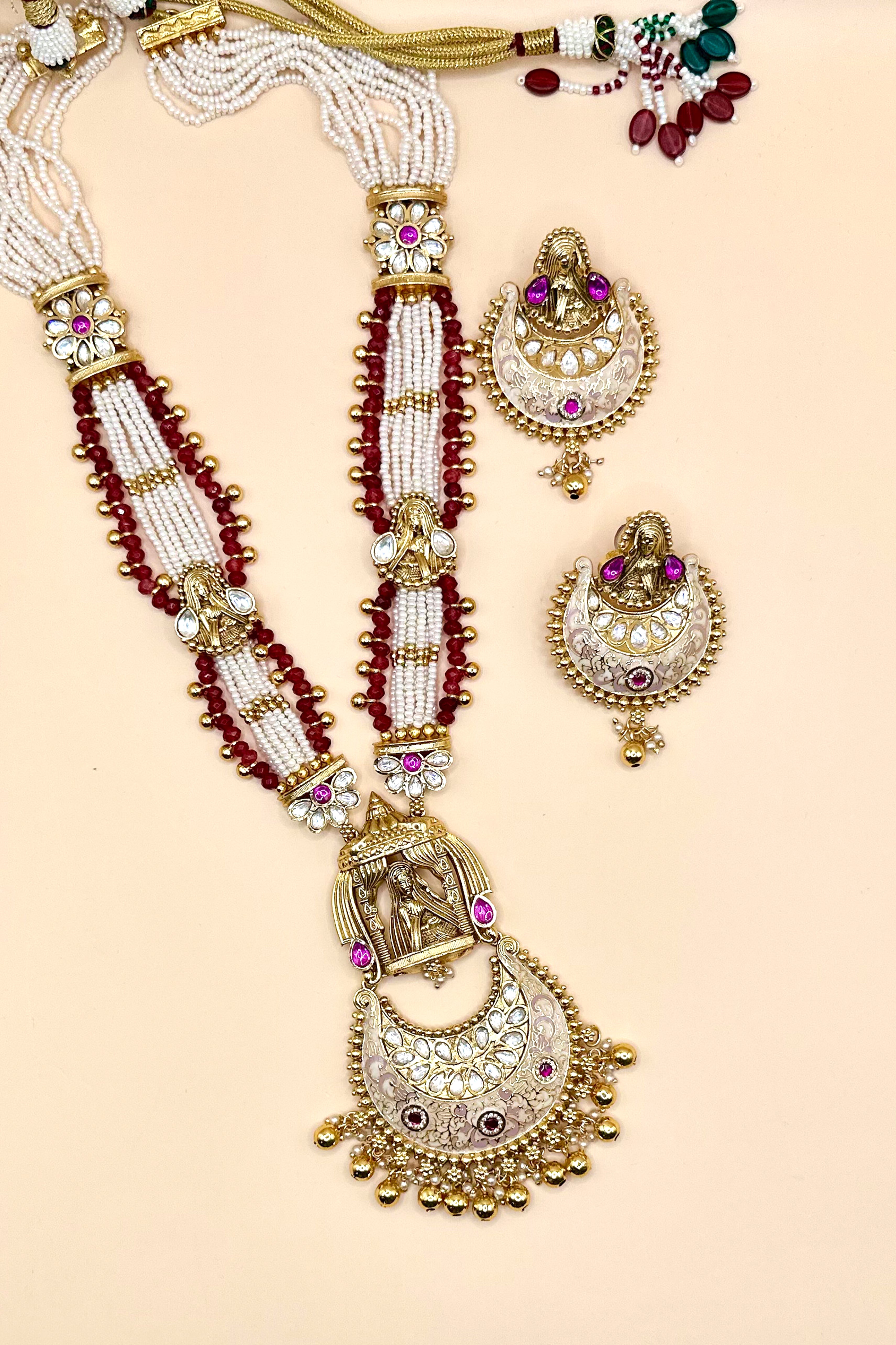Temple Pendant Necklace with Pearl Beads - Ruby Red