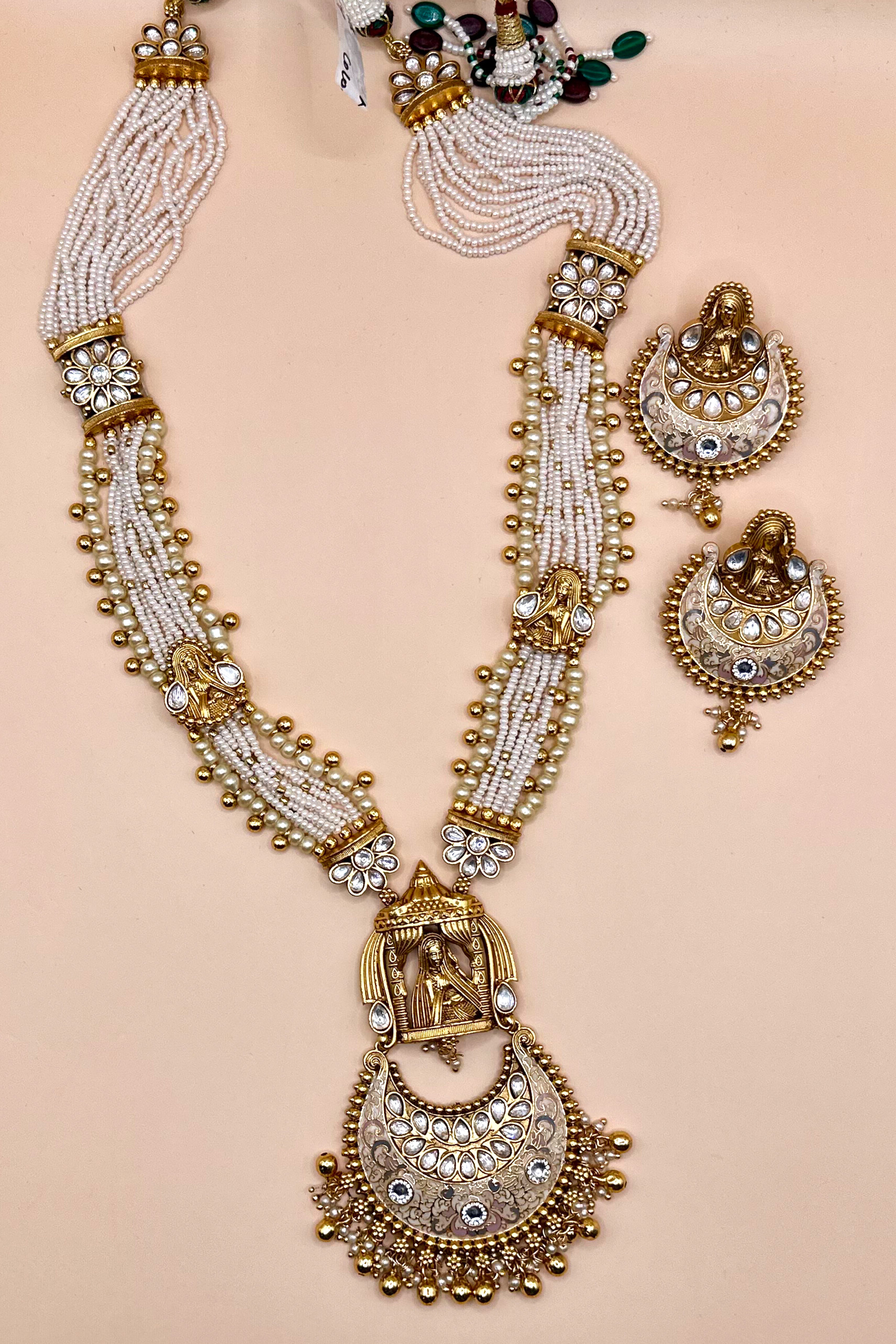 Temple Pendant Necklace with Pearl Beads - White