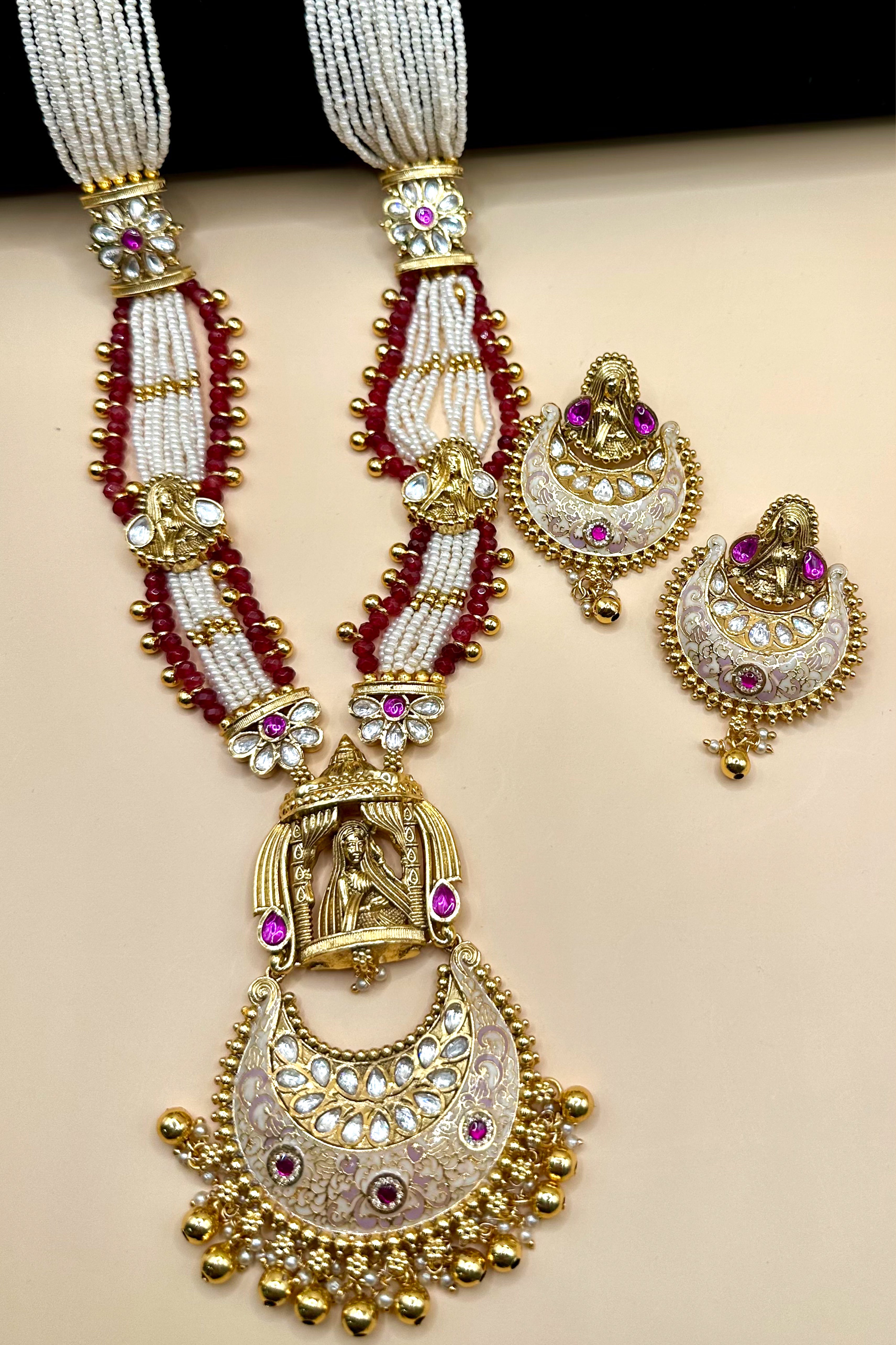 Temple Pendant Necklace with Pearl Beads - Ruby Red