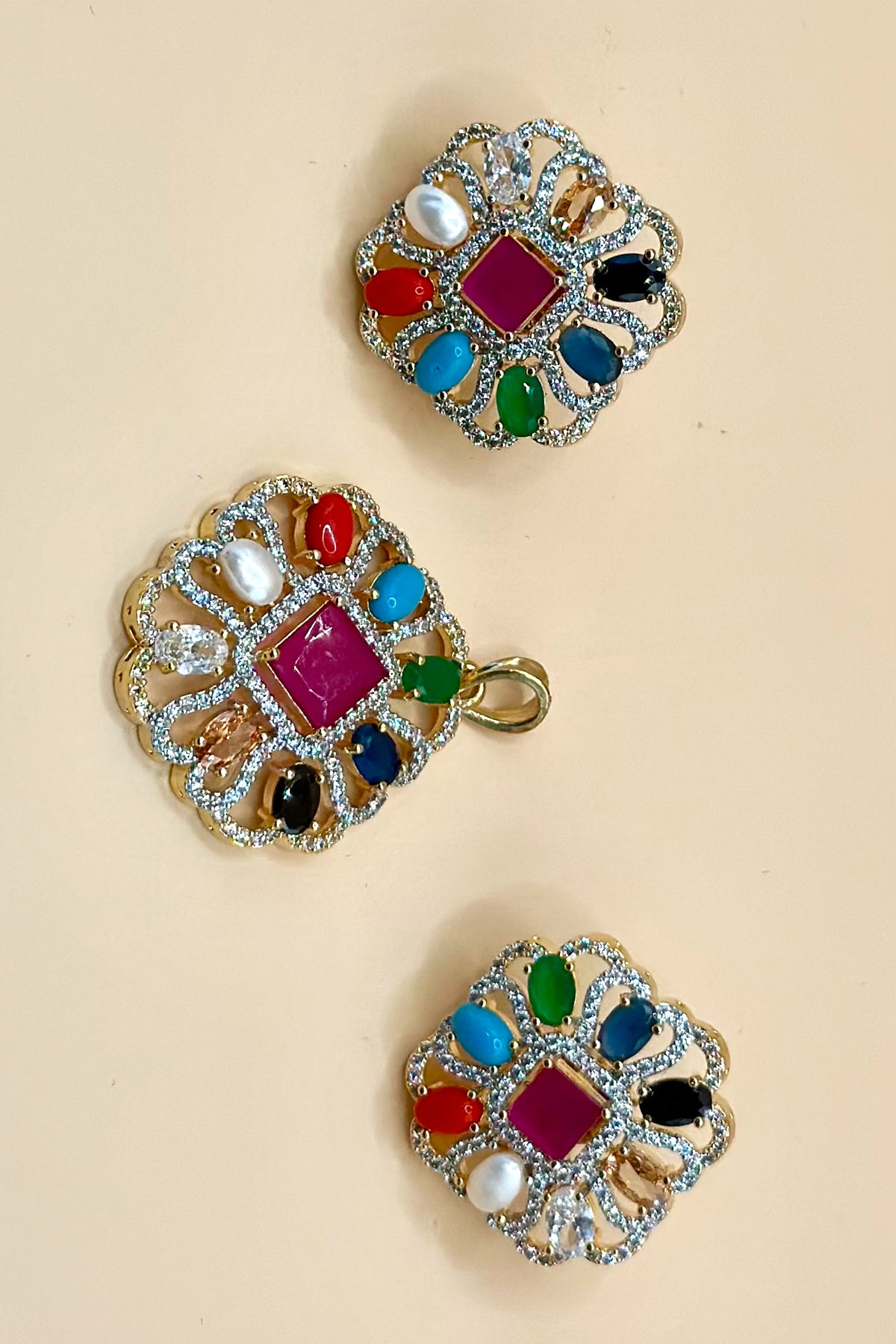 Navratan Square Pendant Set
