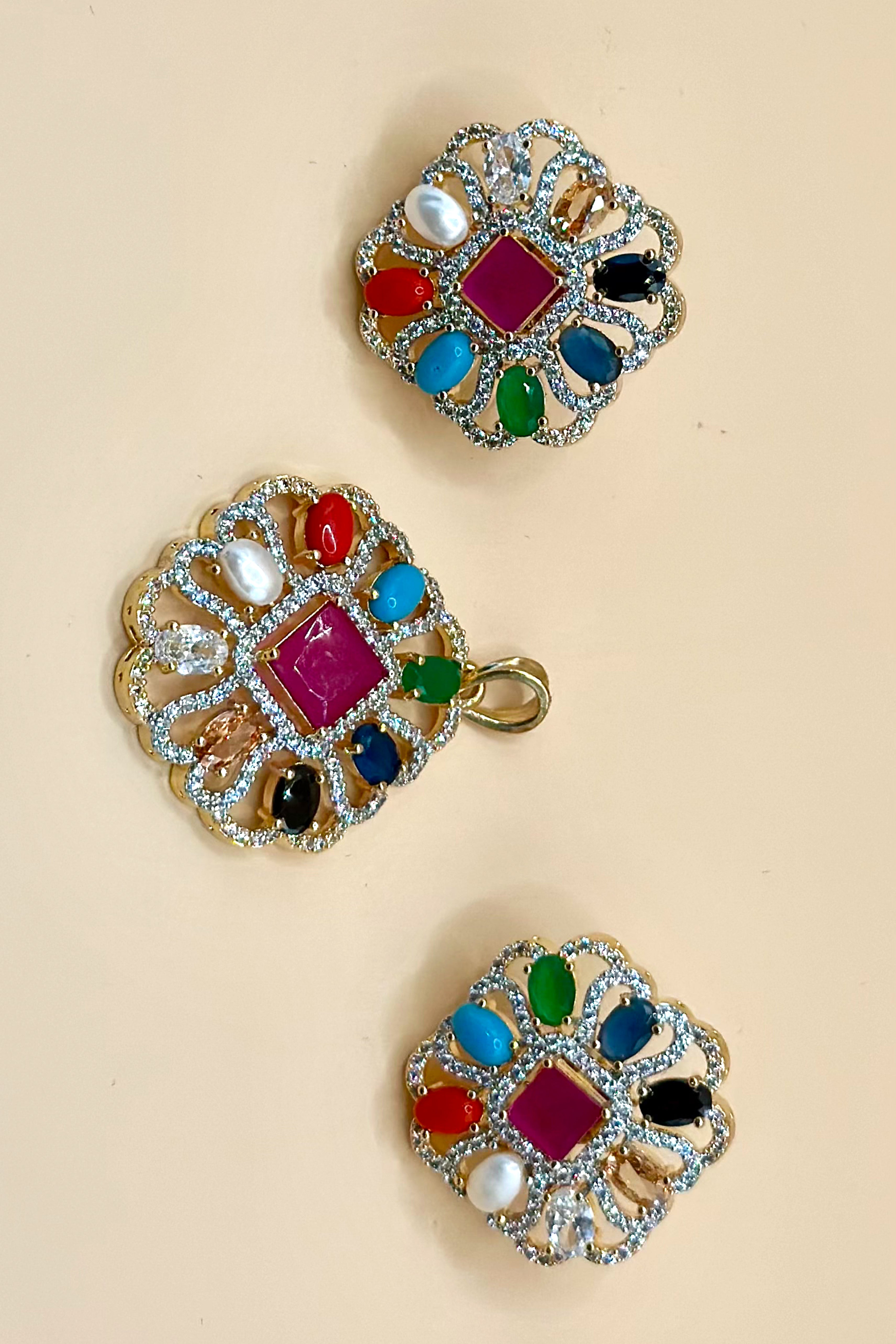 Navratan Square Pendant Set