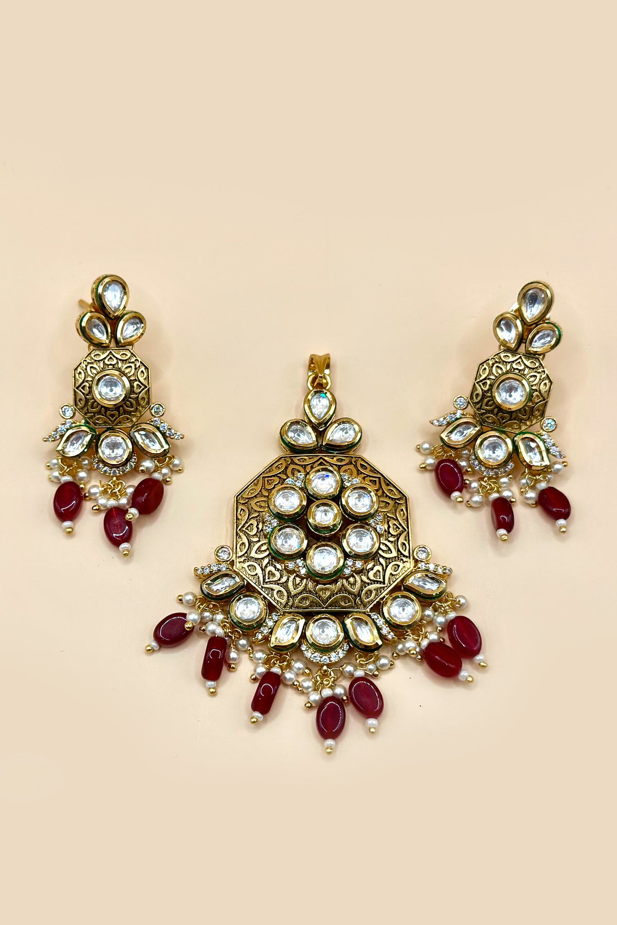 Antique Kundan Pendant Set - Ruby Red