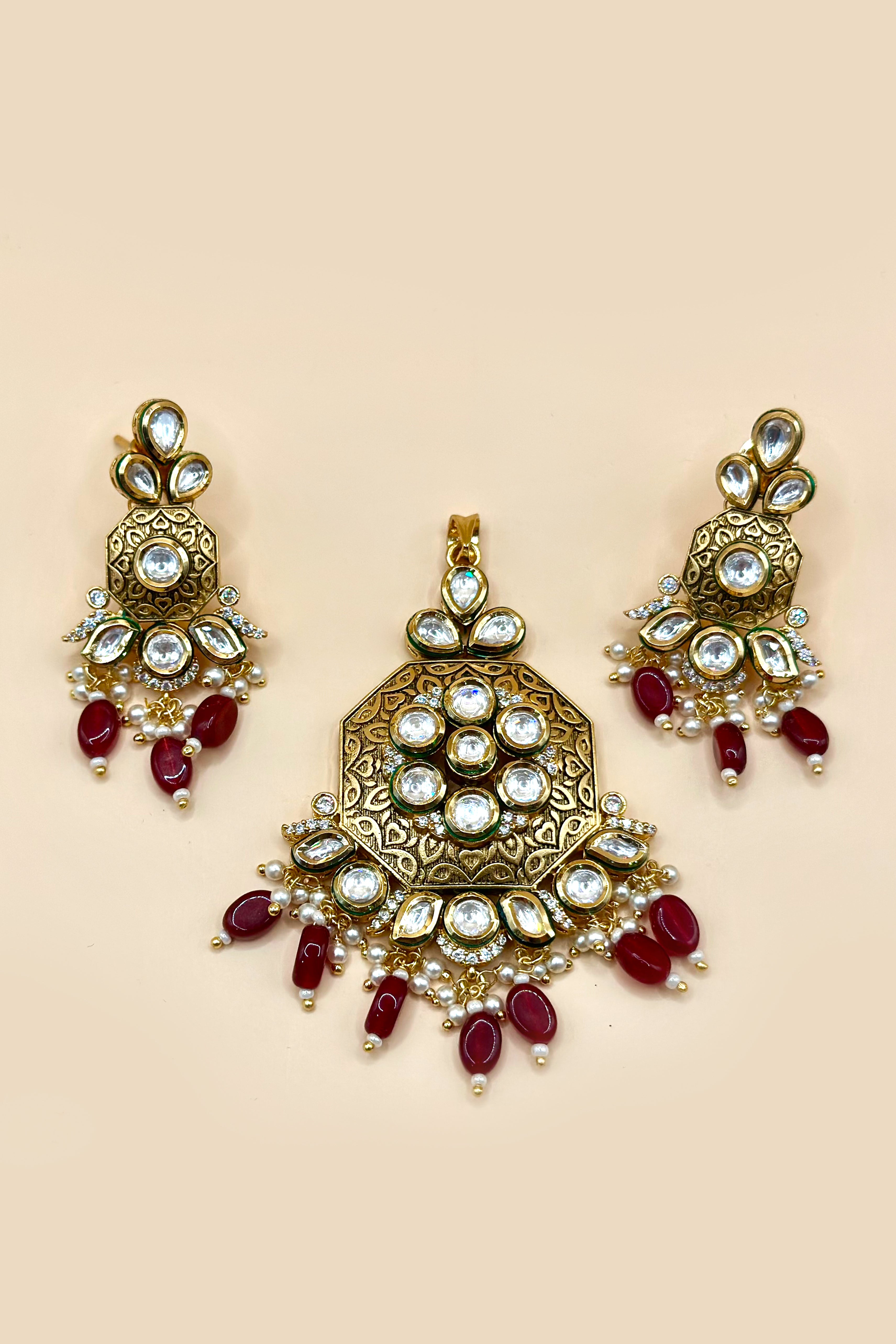 Antique Kundan Pendant Set - Ruby Red