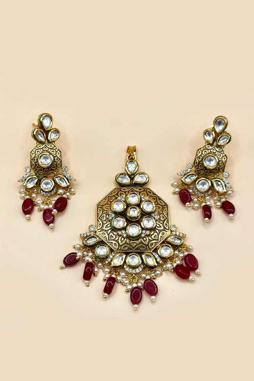 Antique Kundan Pendant Set - Ruby Red