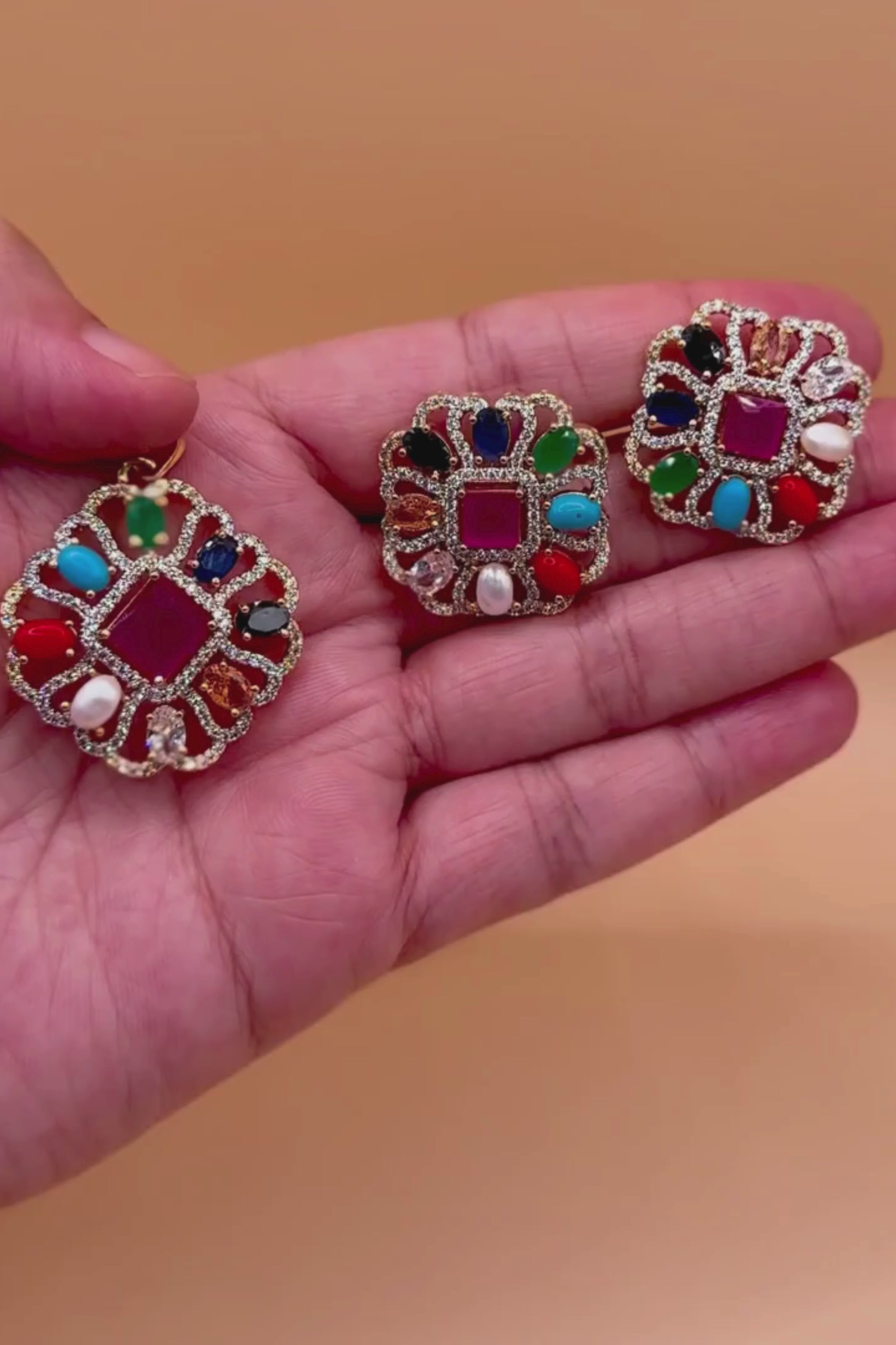 Navratan Square Pendant Set