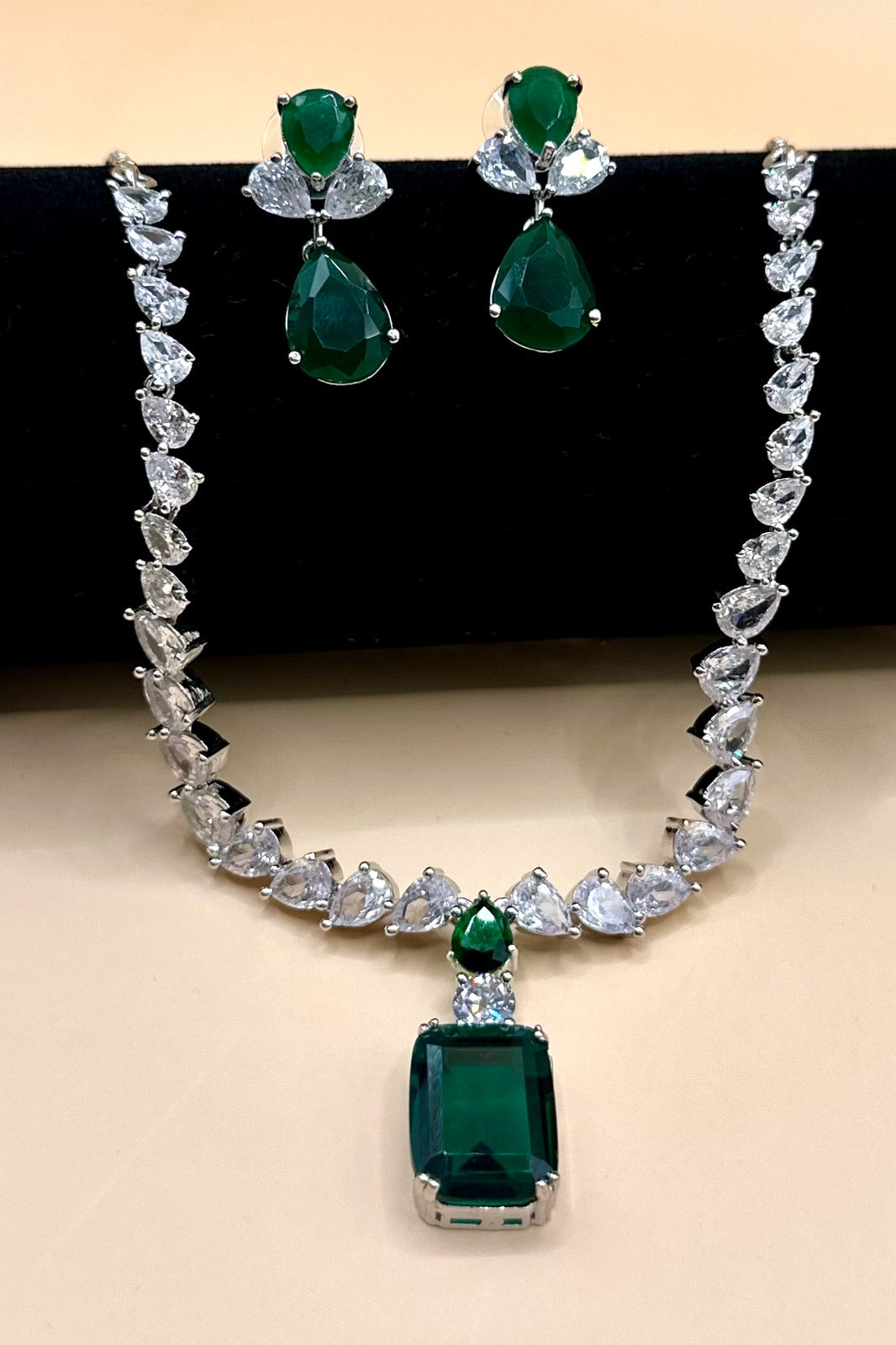 Green Stone American Diamond Set